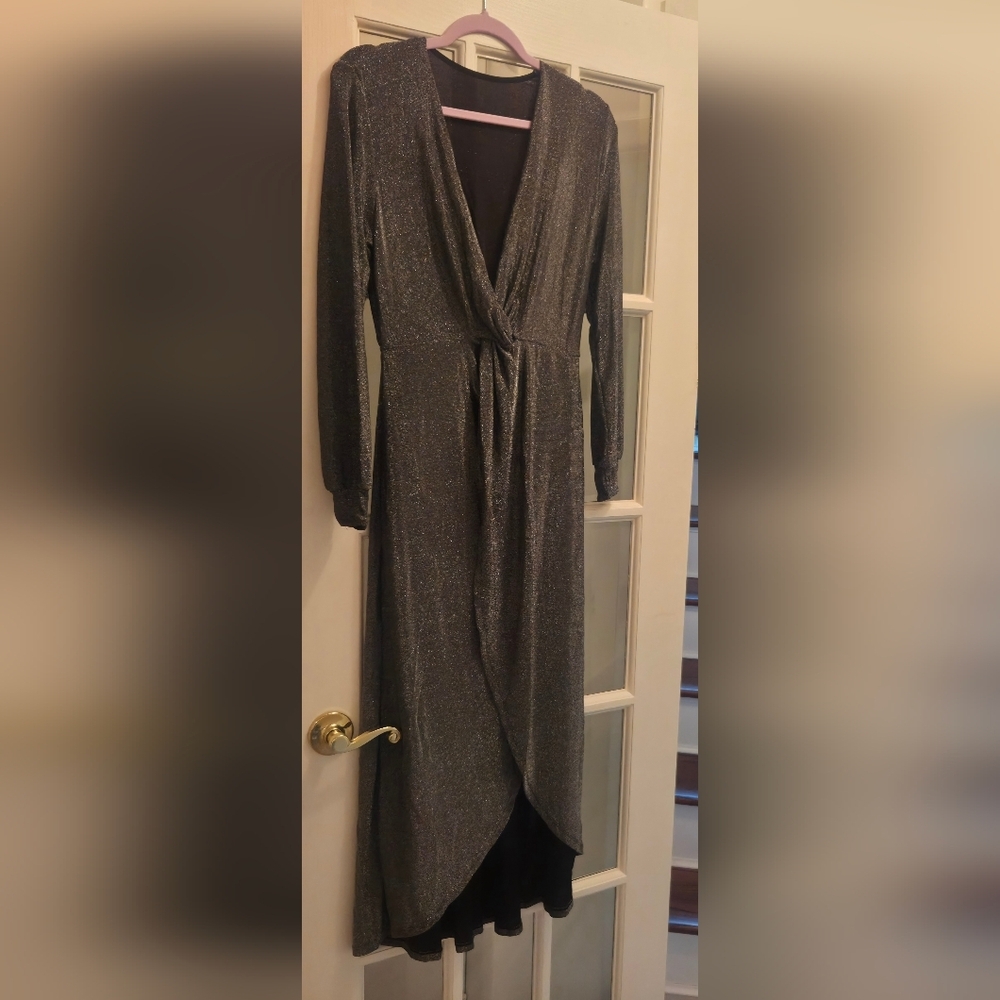 HALARA Metallic Gray Long Sleeve Maxi Wrap Dress-Sheer